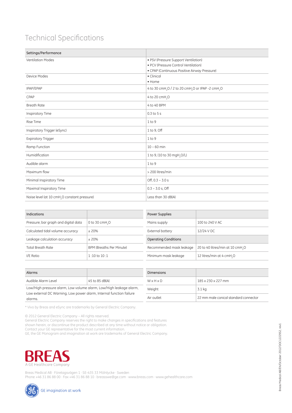 Technical specifications | GE Healthcare Vivo 30 User Manual | Page 2 / 2