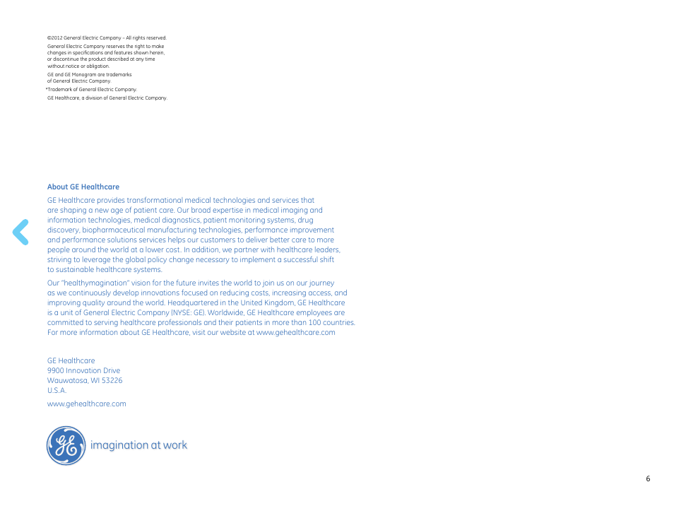 Imagination at work | GE Healthcare Optima CL323i User Manual | Page 6 / 6
