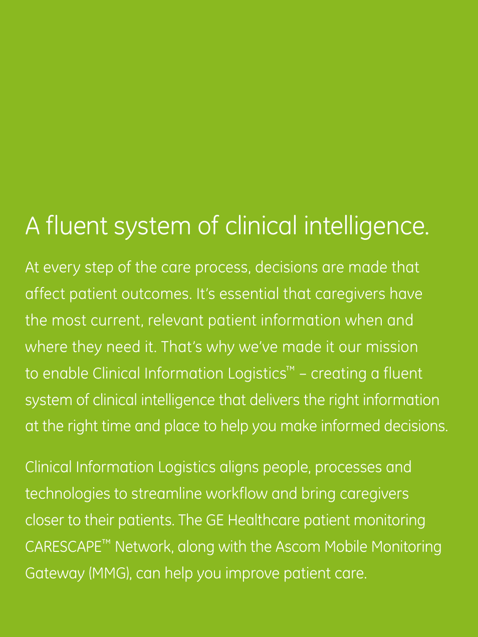 A fluent system of clinical intelligence | GE Healthcare GE Ascom Solution User Manual | Page 2 / 8