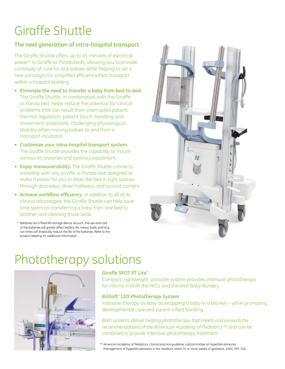 Giraffe shuttle, Phototherapy solutions | GE Healthcare Giraffe Family User Manual | Page 10 / 12