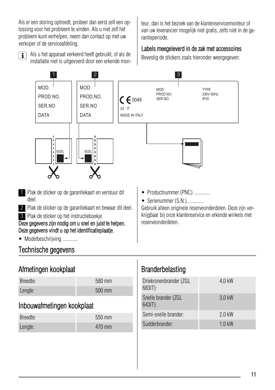 Technische gegevens afmetingen kookplaat, Inbouwafmetingen kookplaat, Branderbelasting | Zanussi ZGL 643 ITX User Manual | Page 11 / 52