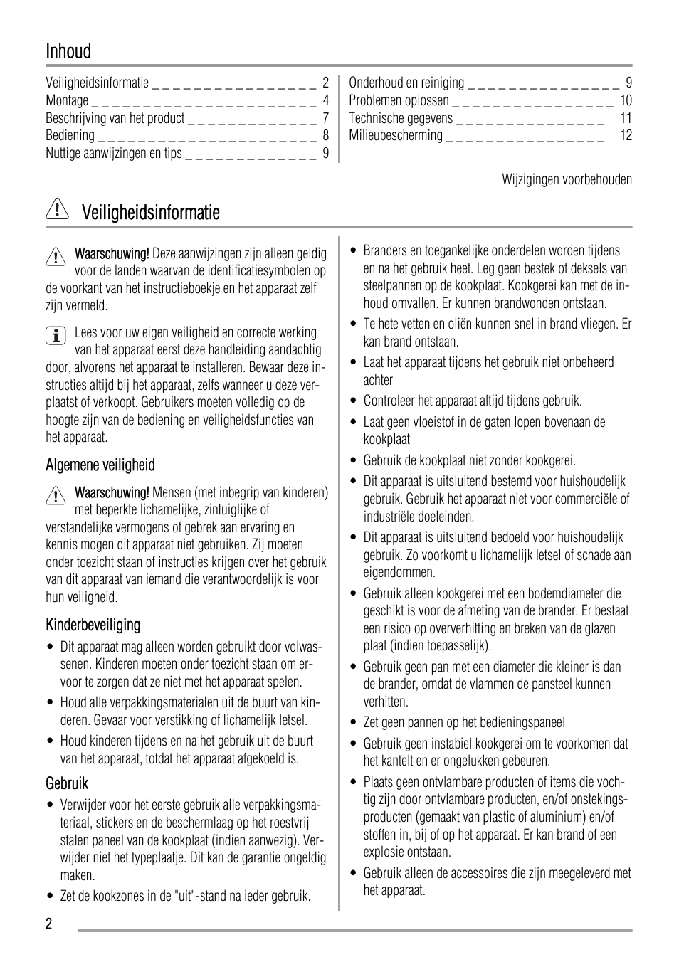 Inhoud, Veiligheidsinformatie | Zanussi ZGL 643 ITX User Manual | Page 2 / 52