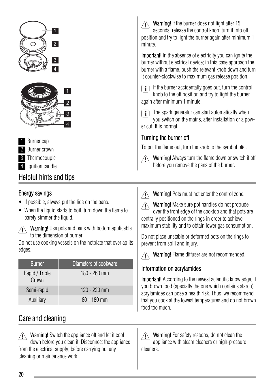 Helpful hints and tips, Care and cleaning | Zanussi ZGL 643 ITX User Manual | Page 20 / 52