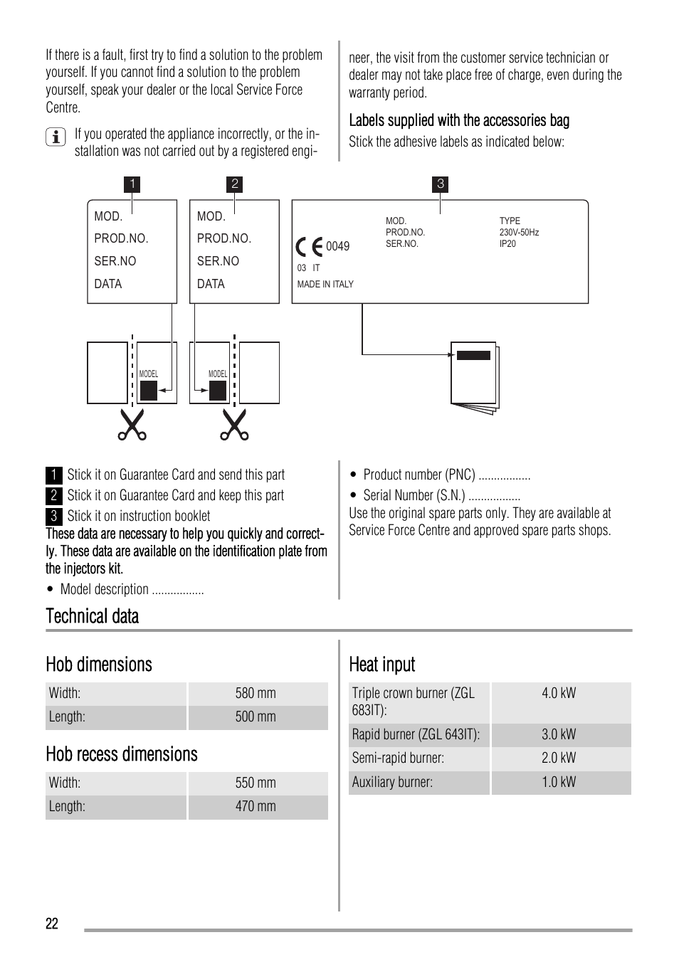 Technical data hob dimensions, Hob recess dimensions, Heat input | Zanussi ZGL 643 ITX User Manual | Page 22 / 52