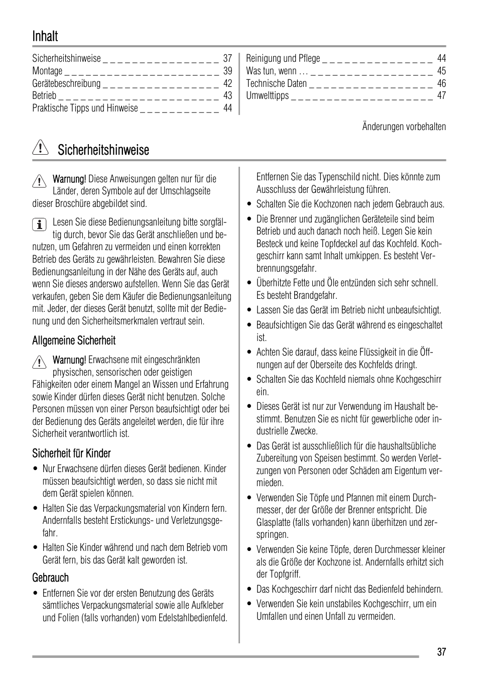 Inhalt, Sicherheitshinweise | Zanussi ZGL 643 ITX User Manual | Page 37 / 52