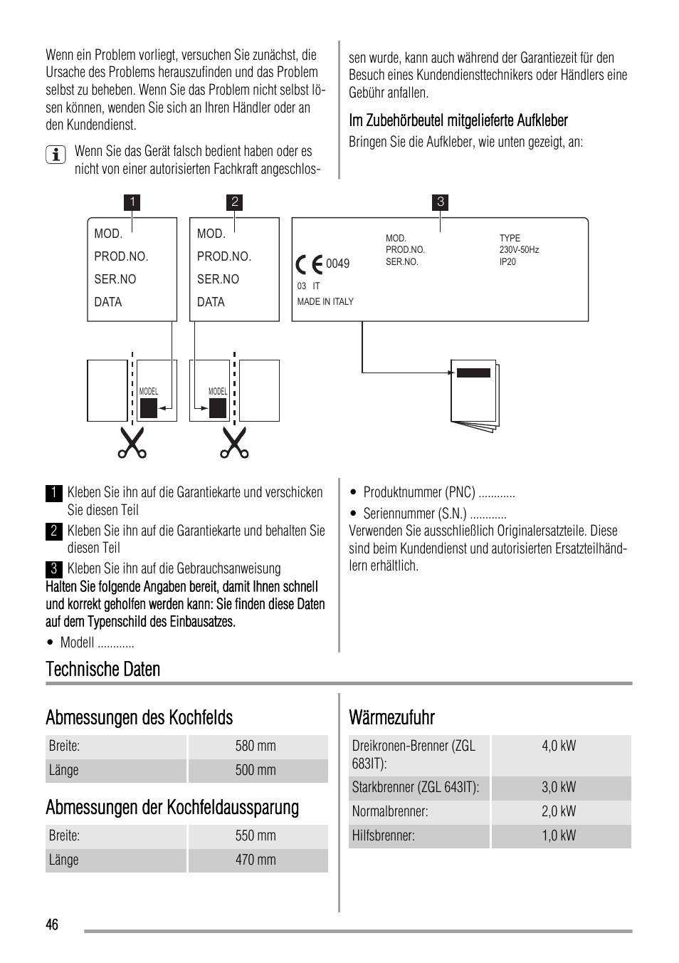 Technische daten abmessungen des kochfelds, Abmessungen der kochfeldaussparung, Wärmezufuhr | Zanussi ZGL 643 ITX User Manual | Page 46 / 52