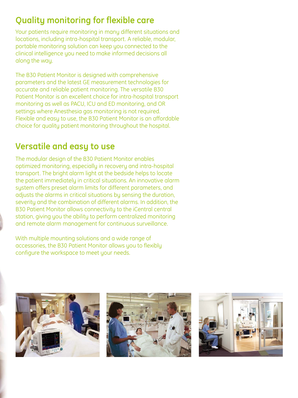 Versatile and easy to use, Quality monitoring for flexible care | GE Healthcare B30 Patient Monitor User Manual | Page 3 / 6