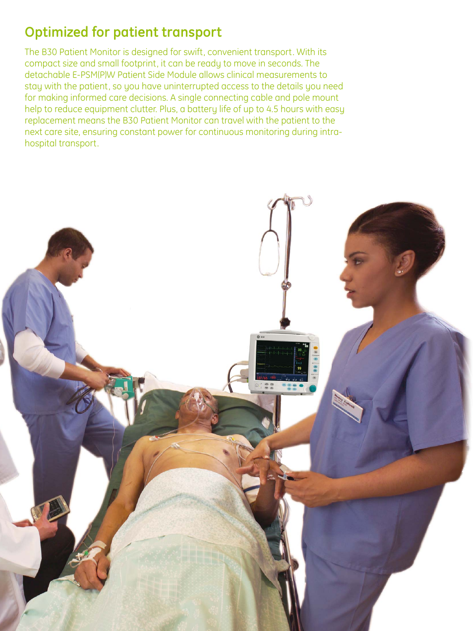 Optimized for patient transport | GE Healthcare B30 Patient Monitor User Manual | Page 5 / 6