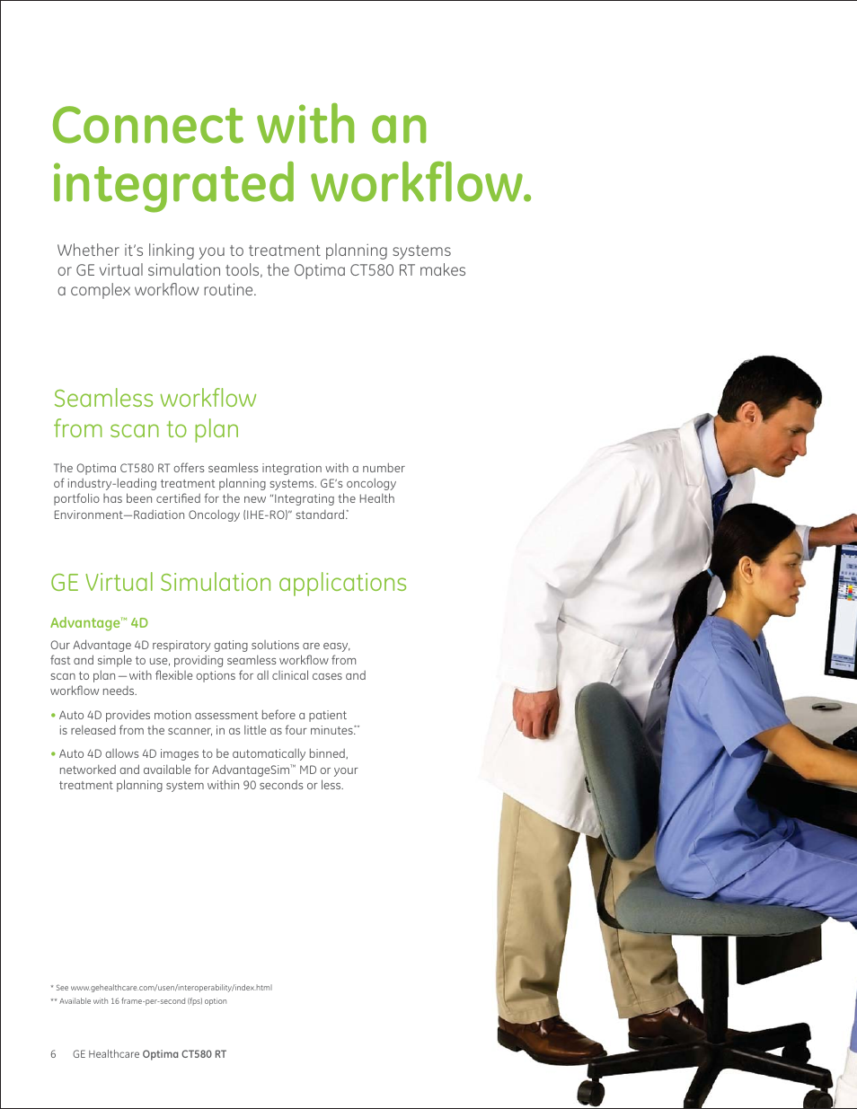 Connect with an integrated workflow, Seamless workflow from scan to plan, Ge virtual simulation applications | GE Healthcare Optima CT580 RT User Manual | Page 6 / 12