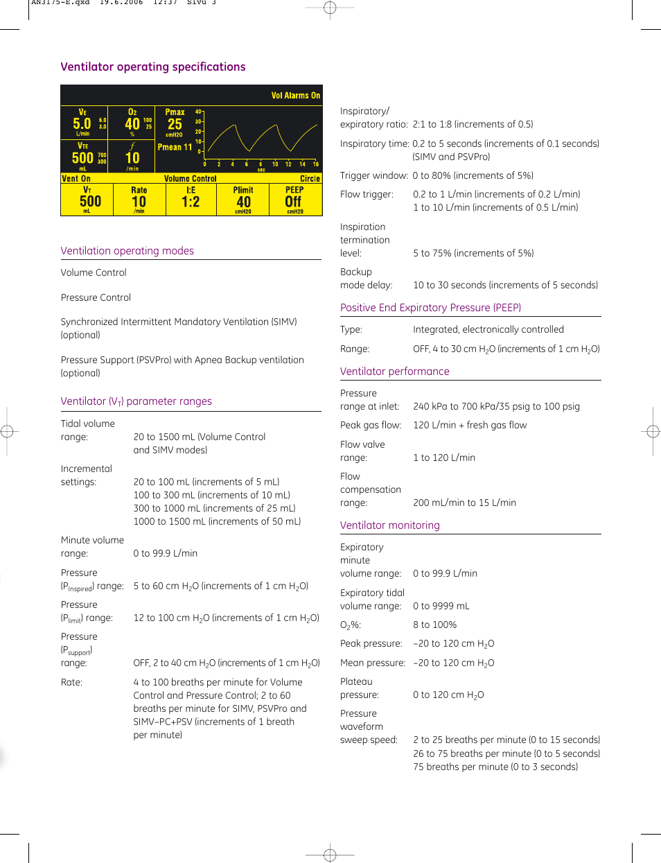Ventilator operating specifications | GE Healthcare Aestiva_5 MRI anesthesia machine User Manual | Page 3 / 8