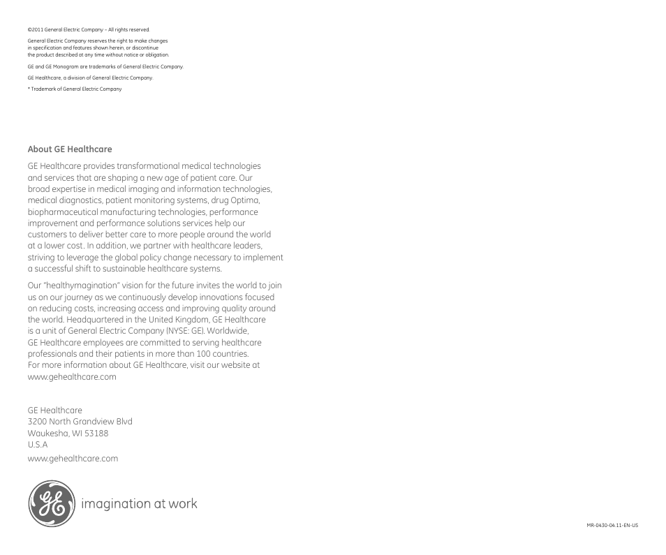 About ge healthcare | GE Healthcare Optima MR450w 1.5T User Manual | Page 20 / 20