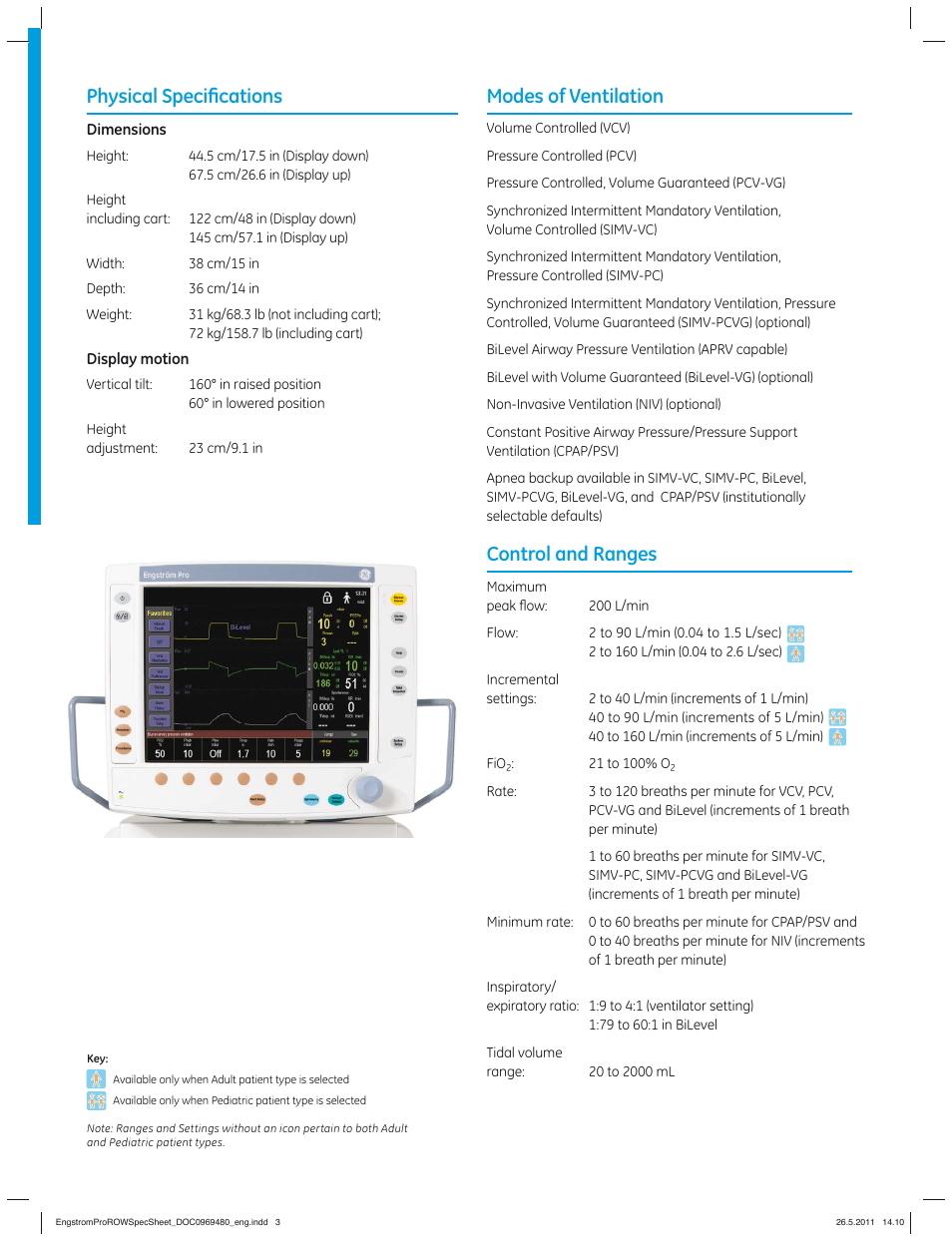 Physical speciﬁ cations, Modes of ventilation, Control and ranges | GE Healthcare Engström Pro User Manual | Page 3 / 8