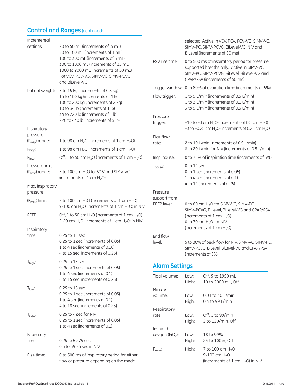 Control and ranges, Alarm settings | GE Healthcare Engström Pro User Manual | Page 4 / 8