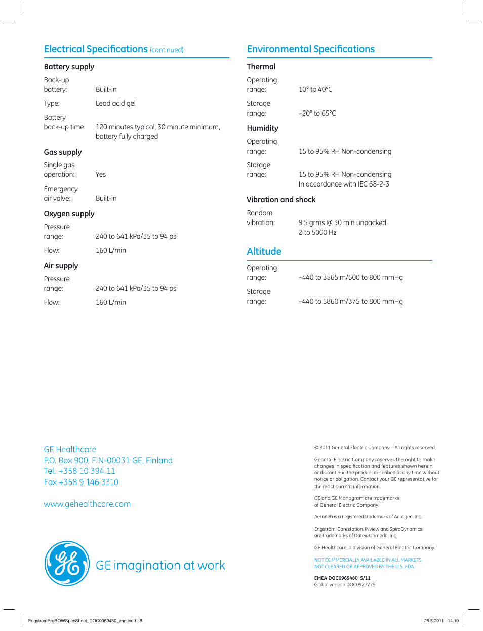 Electrical speciﬁ cations, Environmental speciﬁ cations, Altitude | GE Healthcare Engström Pro User Manual | Page 8 / 8