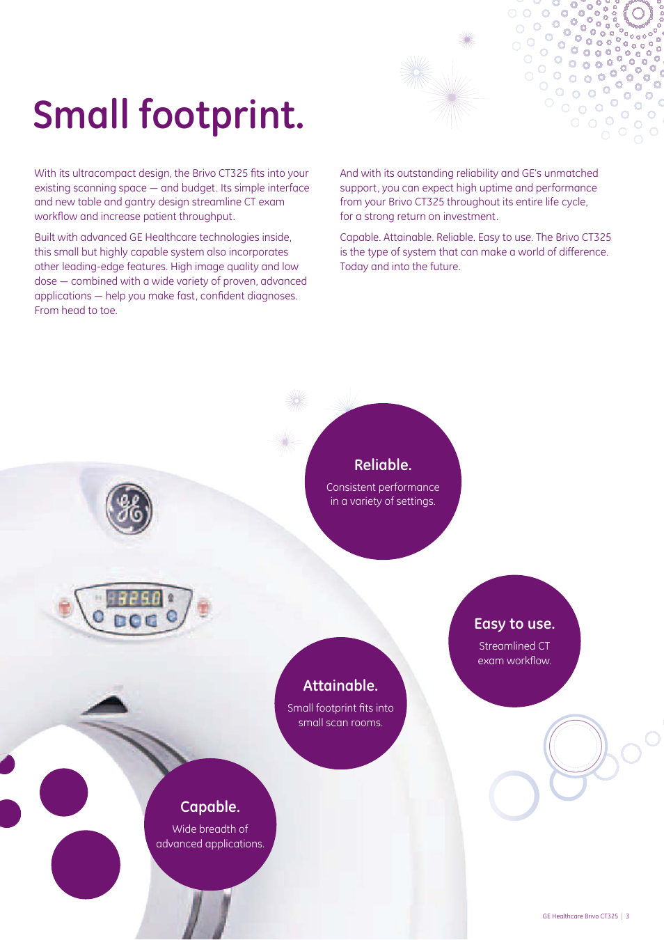 Small footprint, Reliable, Capable | Attainable, Easy to use | GE Healthcare Brivo CT325 User Manual | Page 3 / 12