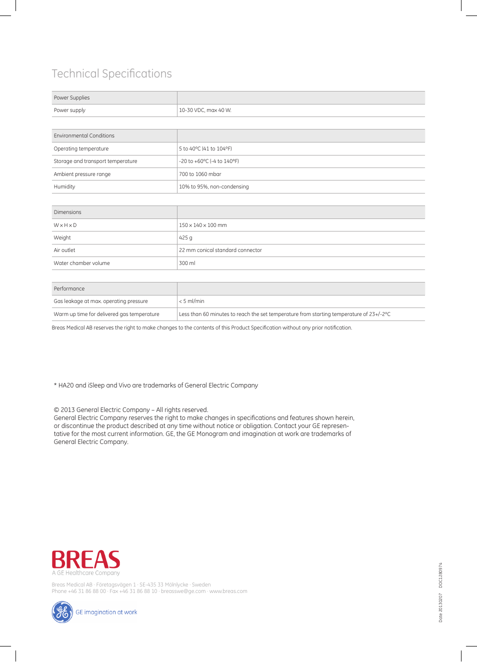 Technical specifications | GE Healthcare HA 20 iSleep version User Manual | Page 2 / 2
