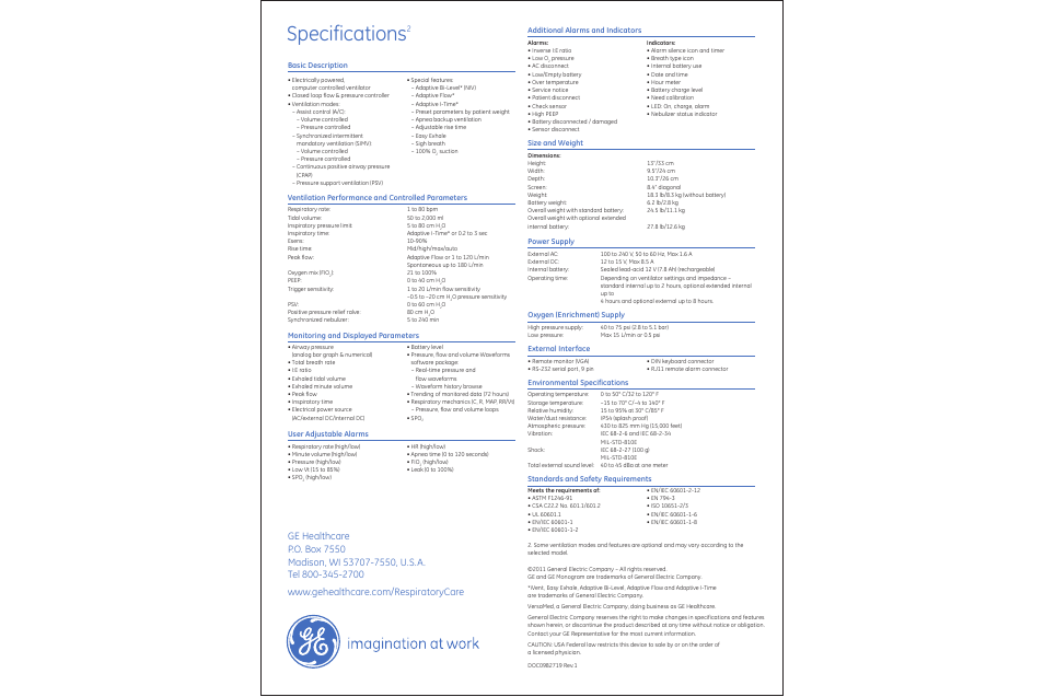 Specifications, Basic description, Additional alarms and indicators | Ventilation performance and controlled parameters, Monitoring and displayed parameters, User adjustable alarms, Size and weight, Power supply, Oxygen (enrichment) supply, External interface environmental specifications | GE Healthcare iVent201 User Manual | Page 3 / 3