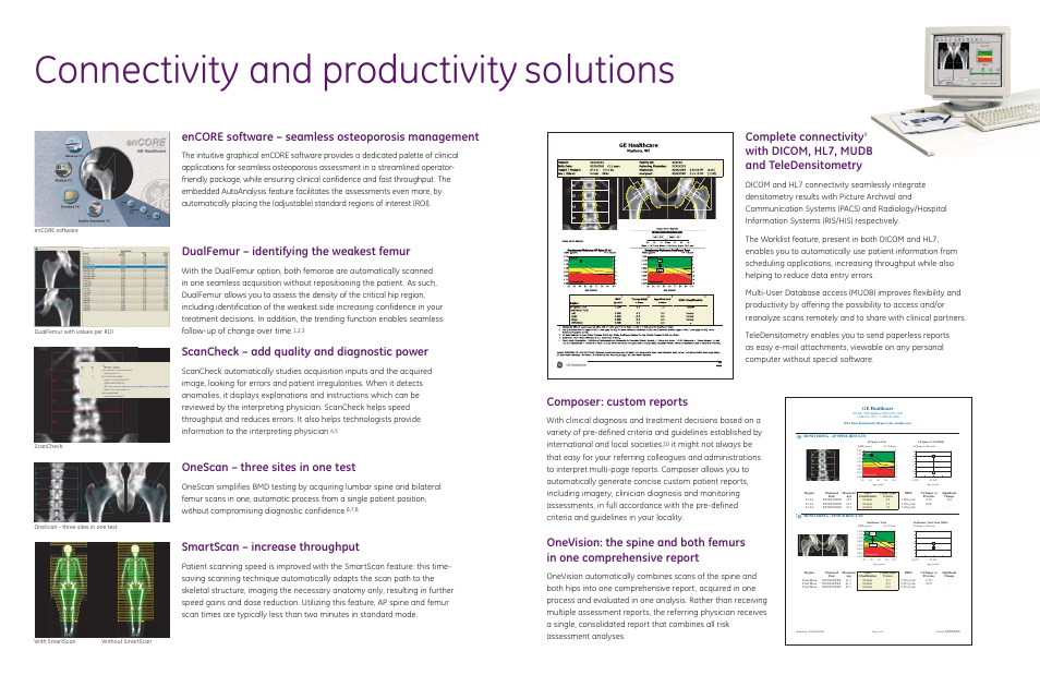 Connectivity and productivity solutions, Complete connectivity, With dicom, hl7, mudb and teledensitometry | Composer: custom reports, Encore software – seamless osteoporosis management, Smartscan – increase throughput, Dualfemur – identifying the weakest femur, Scancheck – add quality and diagnostic power, Onescan – three sites in one test | GE Healthcare DPX NT User Manual | Page 3 / 4