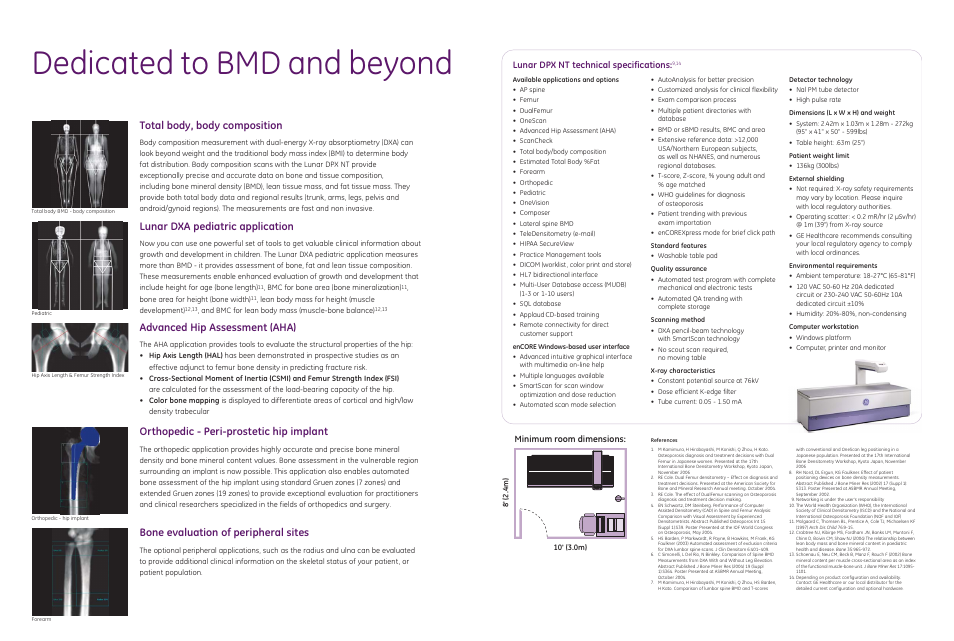 Dedicated to bmd and beyond, Total body, body composition, Lunar dxa pediatric application | Bone evaluation of peripheral sites, Orthopedic - peri-prostetic hip implant, Advanced hip assessment (aha) | GE Healthcare DPX NT User Manual | Page 4 / 4