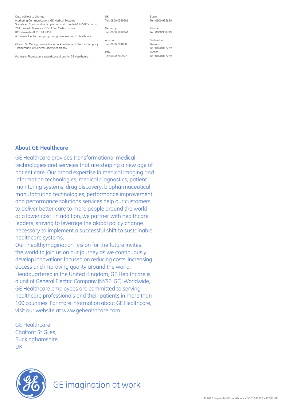 Ge imagination at work | GE Healthcare NuBOOM User Manual | Page 4 / 4