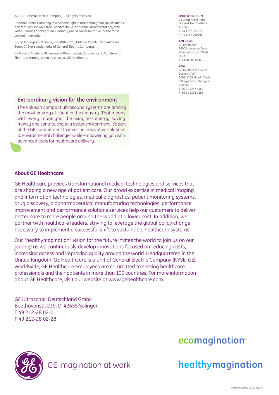 Eco magination, Healthy magination, Ge imagination at work | Extraordinary vision for the environment | GE Healthcare Voluson e User Manual | Page 8 / 8