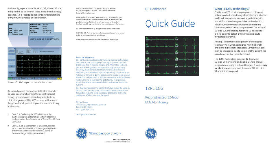 GE Healthcare 12RL ECG Quick Guide User Manual | 2 pages