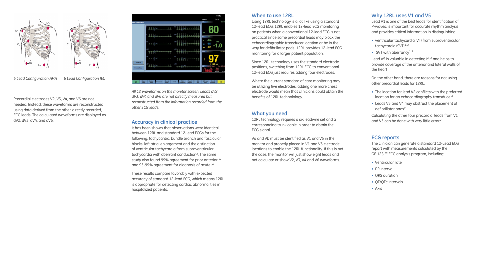 Accuracy in clinical practice, When to use 12rl, What you need | Why 12rl uses v1 and v5, Ecg reports | GE Healthcare 12RL ECG Quick Guide User Manual | Page 2 / 2