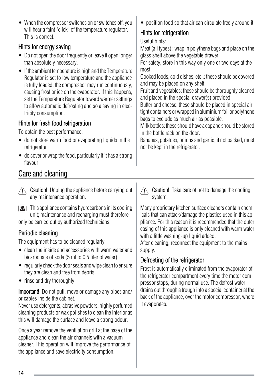 Care and cleaning | Zanussi ZUS 6140 A User Manual | Page 14 / 72