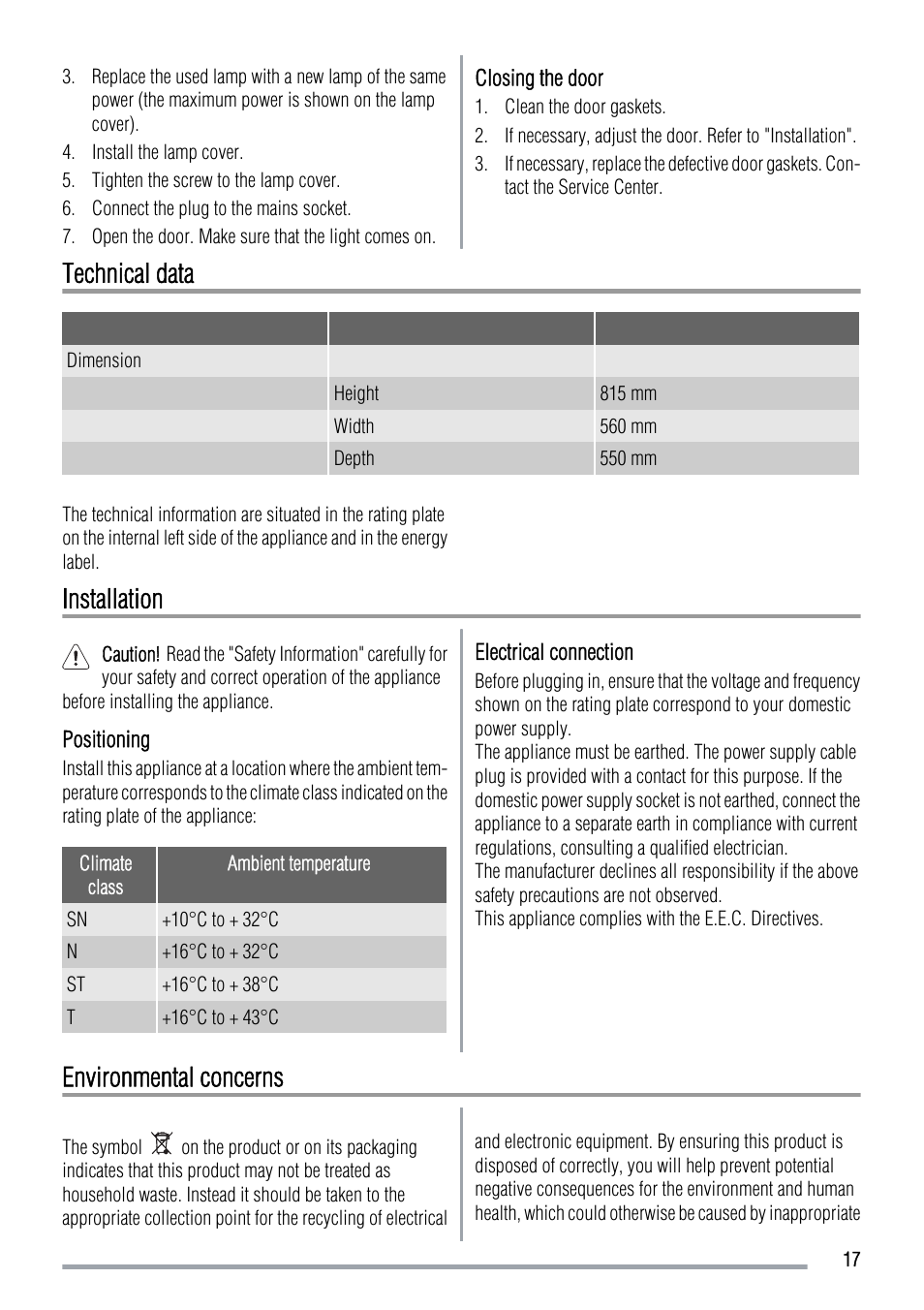 Technical data, Installation, Environmental concerns | Zanussi ZUS 6140 A User Manual | Page 17 / 72