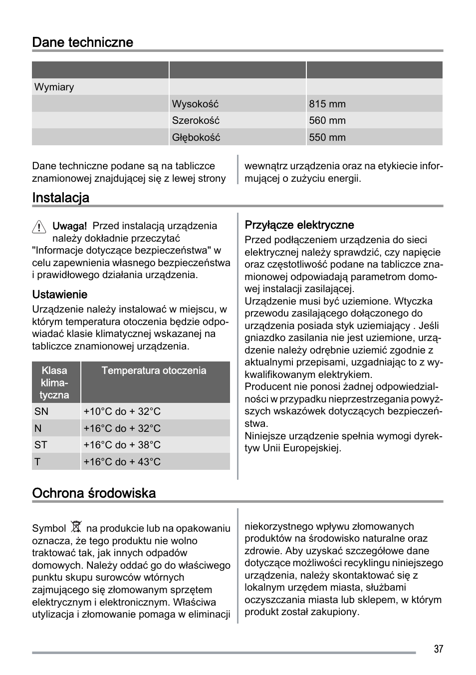 Dane techniczne, Instalacja, Ochrona środowiska | Zanussi ZUS 6140 A User Manual | Page 37 / 72