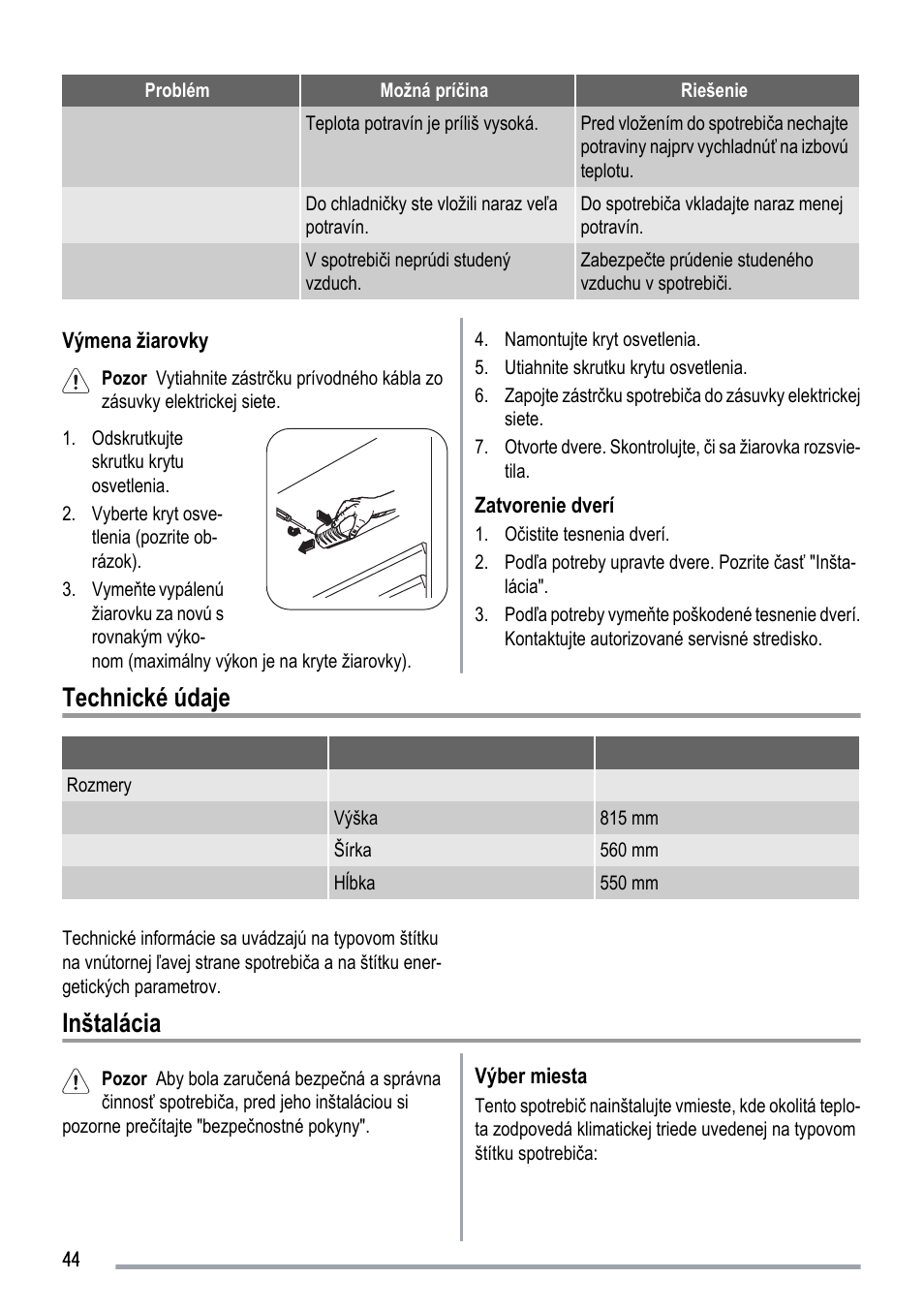 Technické údaje, Inštalácia | Zanussi ZUS 6140 A User Manual | Page 44 / 72