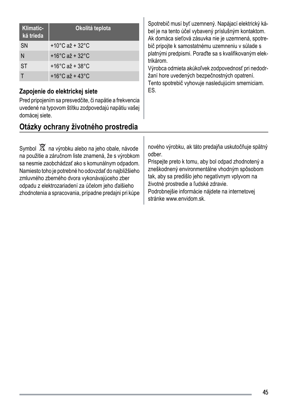 Otázky ochrany životného prostredia | Zanussi ZUS 6140 A User Manual | Page 45 / 72