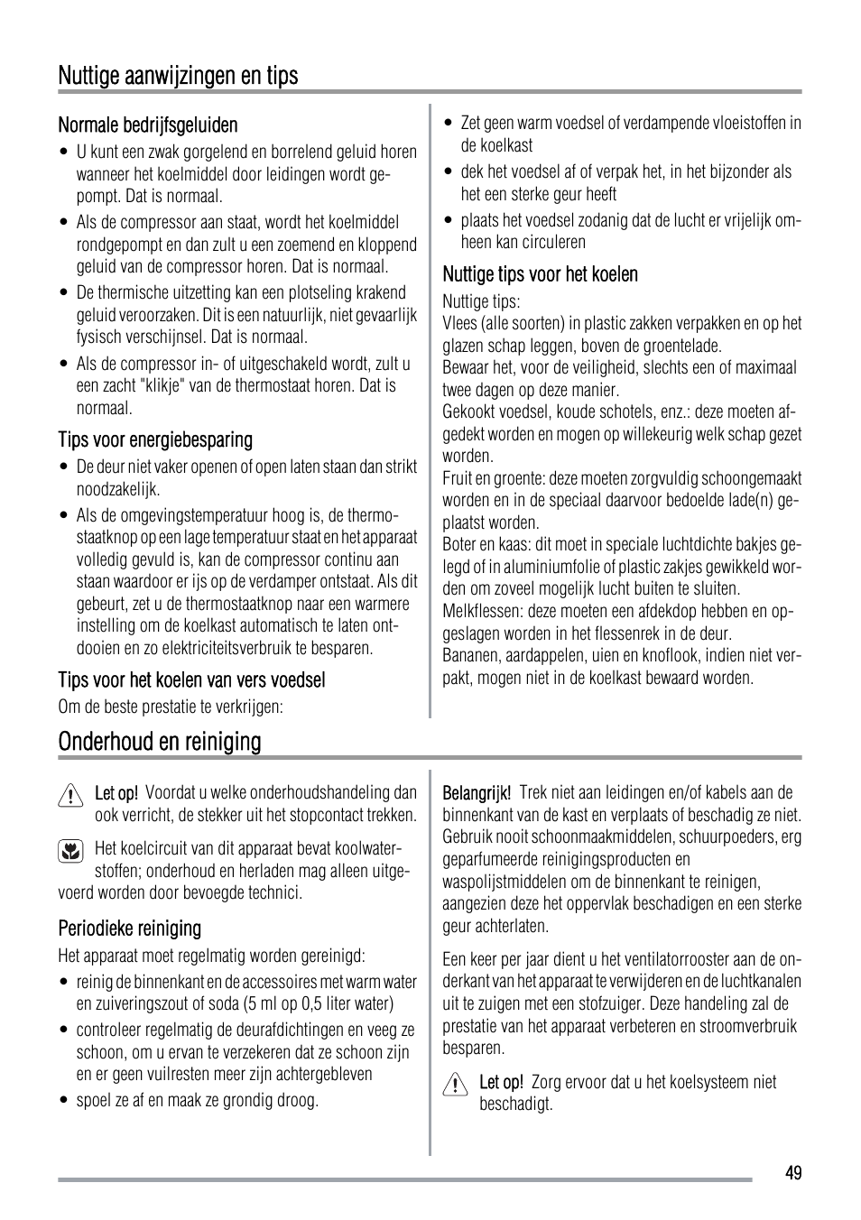 Nuttige aanwijzingen en tips, Onderhoud en reiniging | Zanussi ZUS 6140 A User Manual | Page 49 / 72