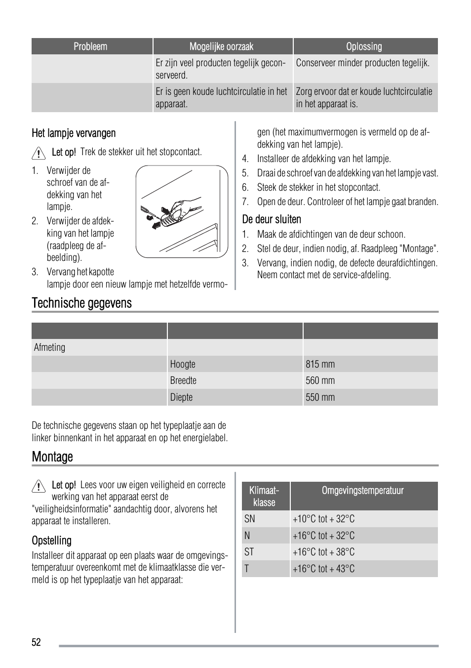 Technische gegevens, Montage | Zanussi ZUS 6140 A User Manual | Page 52 / 72