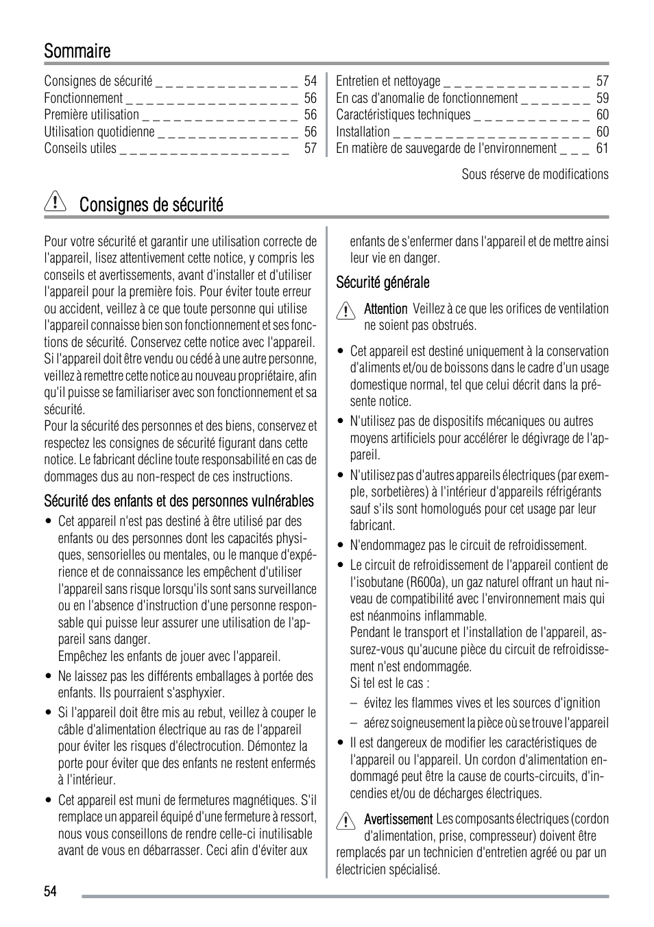 Sommaire, Consignes de sécurité | Zanussi ZUS 6140 A User Manual | Page 54 / 72