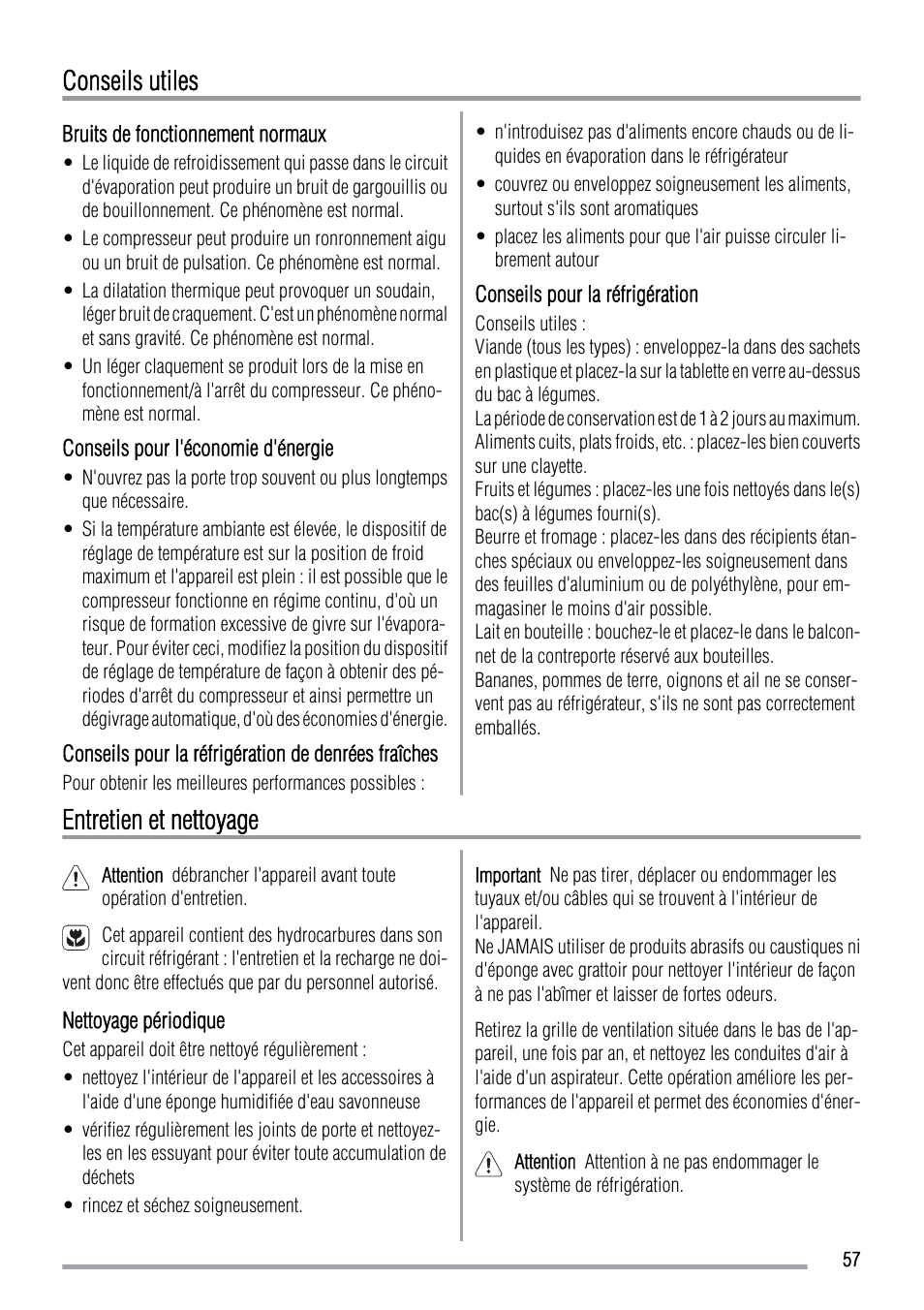 Conseils utiles, Entretien et nettoyage | Zanussi ZUS 6140 A User Manual | Page 57 / 72