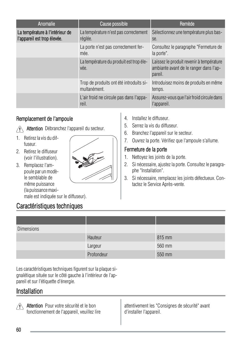 Caractéristiques techniques, Installation | Zanussi ZUS 6140 A User Manual | Page 60 / 72