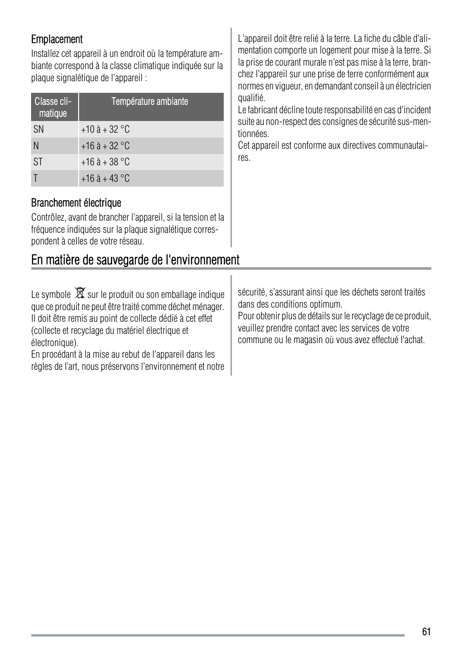 En matière de sauvegarde de l'environnement | Zanussi ZUS 6140 A User Manual | Page 61 / 72