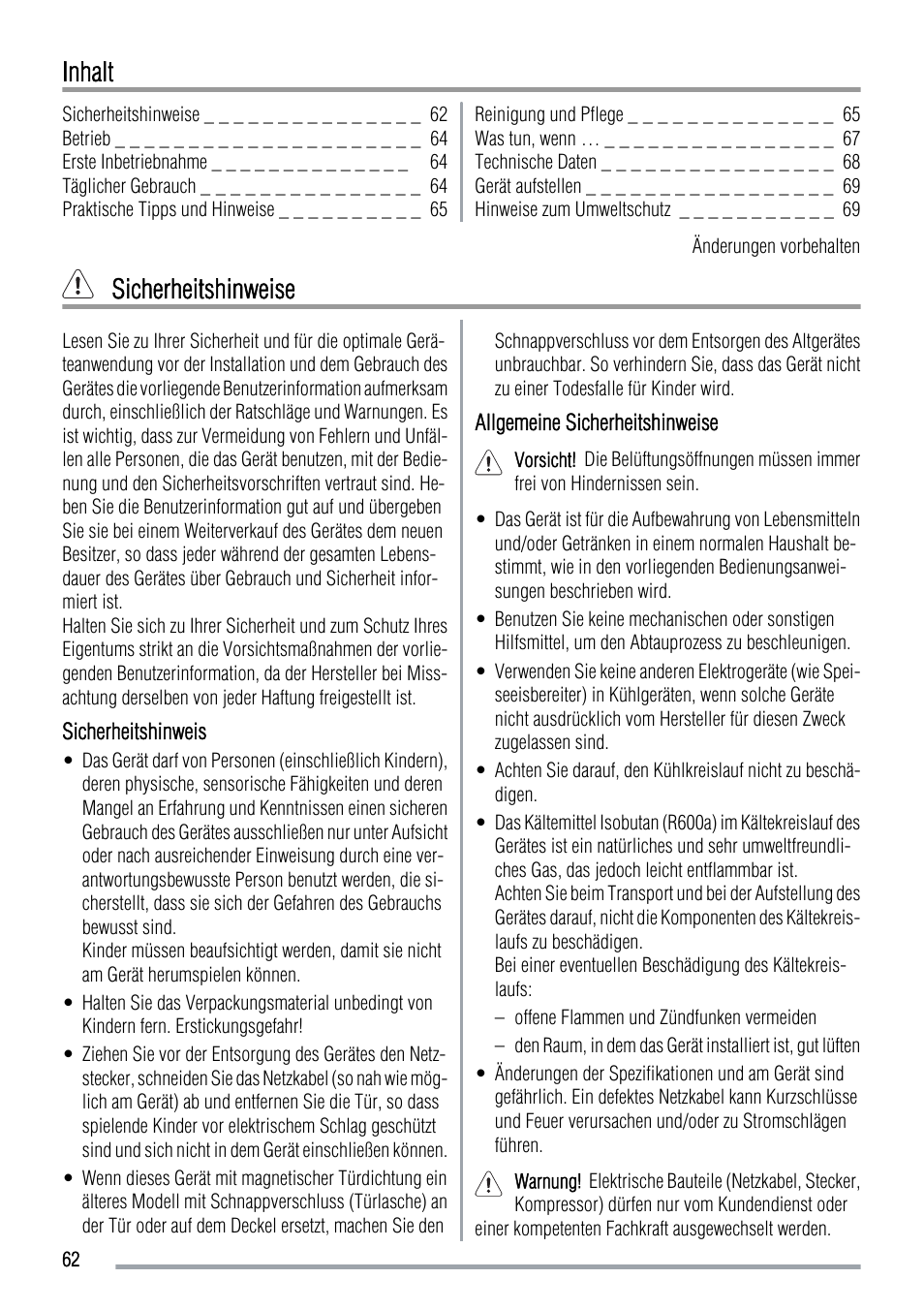 Inhalt, Sicherheitshinweise | Zanussi ZUS 6140 A User Manual | Page 62 / 72