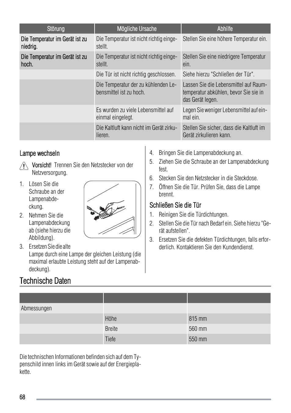 Technische daten | Zanussi ZUS 6140 A User Manual | Page 68 / 72