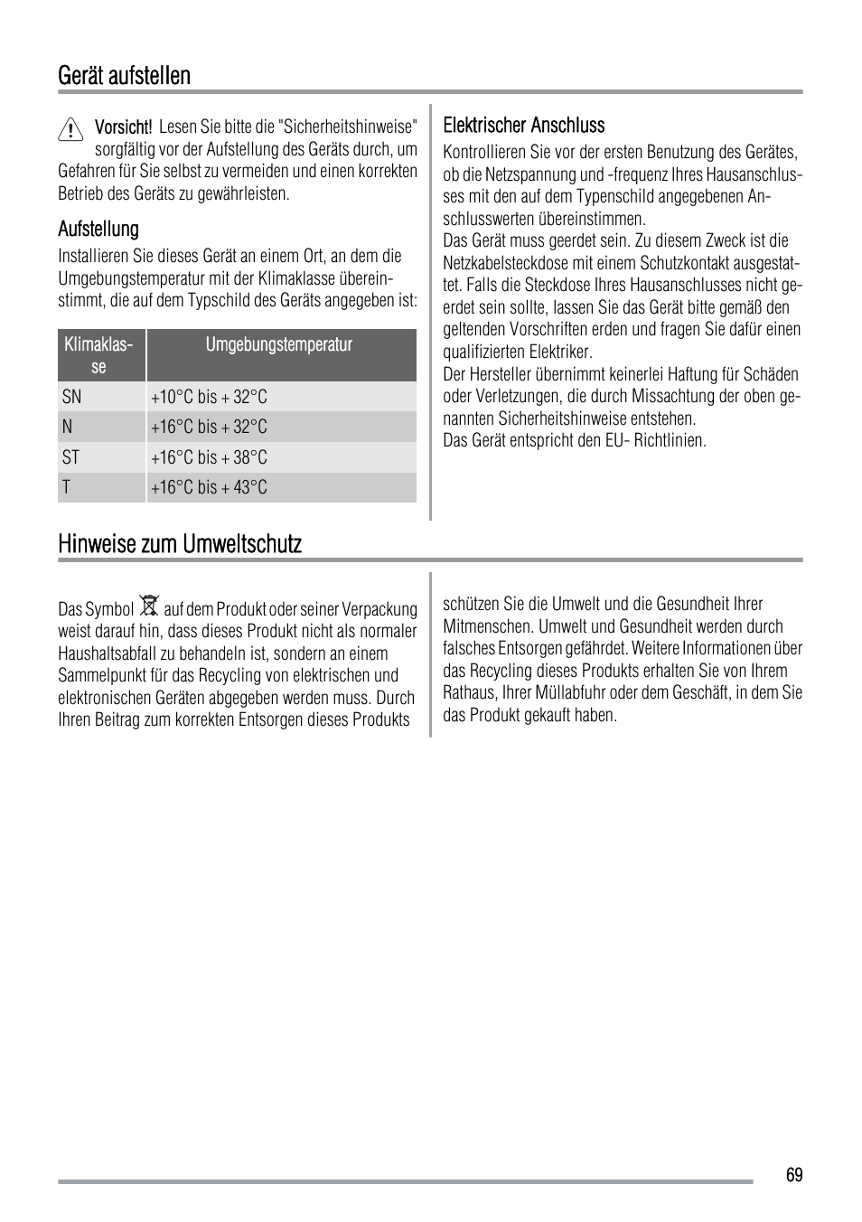 Gerät aufstellen, Hinweise zum umweltschutz | Zanussi ZUS 6140 A User Manual | Page 69 / 72