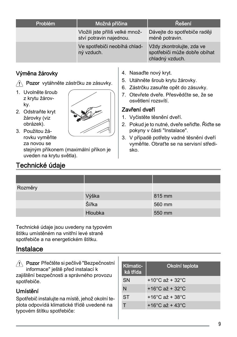 Technické údaje, Instalace | Zanussi ZUS 6140 A User Manual | Page 9 / 72