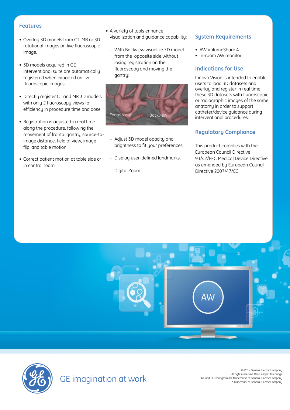 Features, System requirements, Indications for use | Regulatory compliance | GE Healthcare Innova Vision User Manual | Page 2 / 2