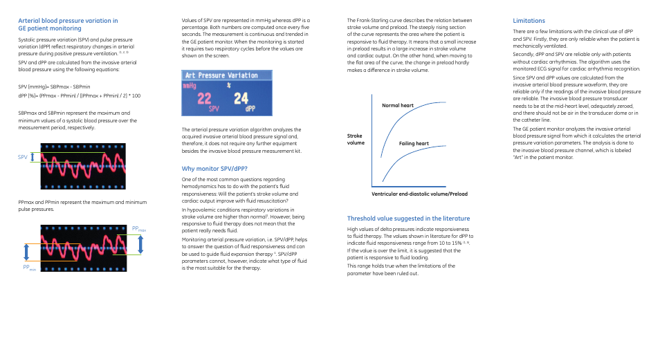 Limitations, Why monitor spv/dpp, Threshold value suggested in the literature | GE Healthcare Arterial Pressure Variation Quick Guide User Manual | Page 2 / 4