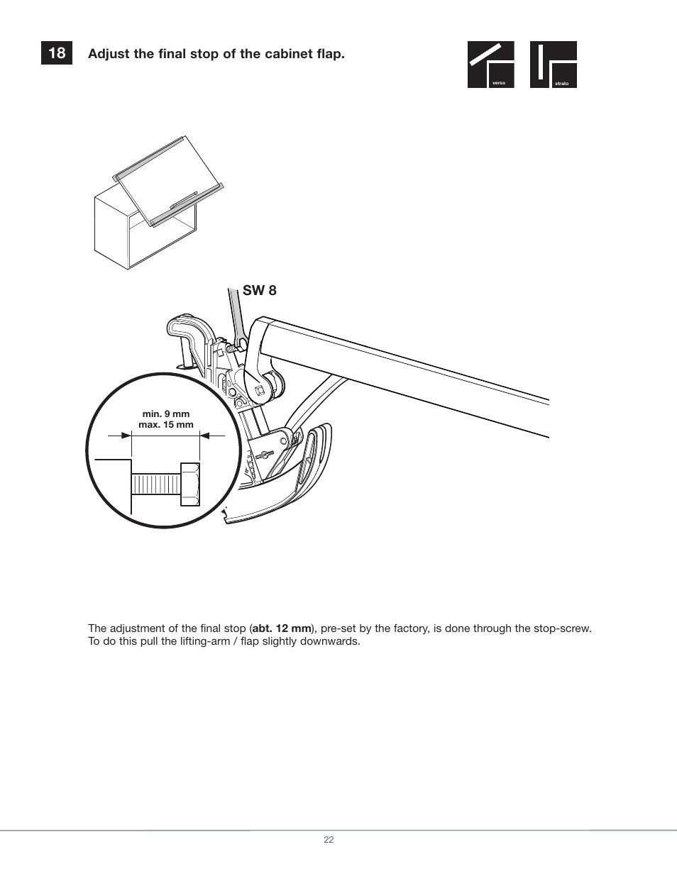 Sw 8, Adjust the final stop of the cabinet flap | Hafele EN 372.67 Series User Manual | Page 22 / 28