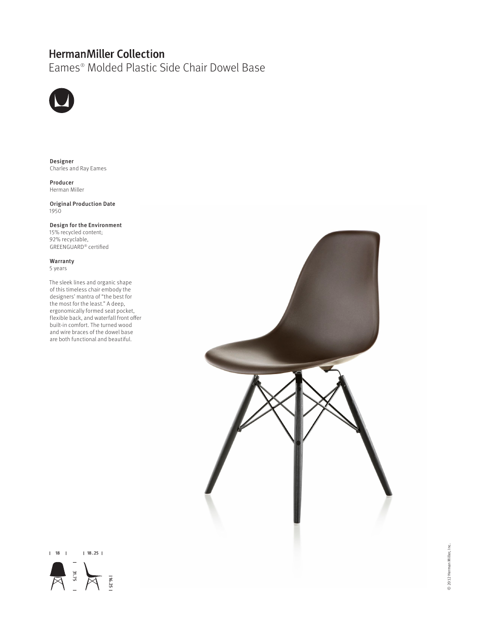 Herman Miller Eames Molded Plastic Side Chair Dowel Base - Product sheet User Manual | 1 page