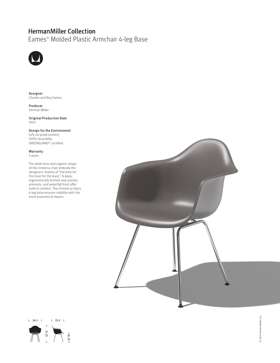 Herman Miller Eames Molded Plastic Armchair 4-leg Base - Product sheet User Manual | 1 page