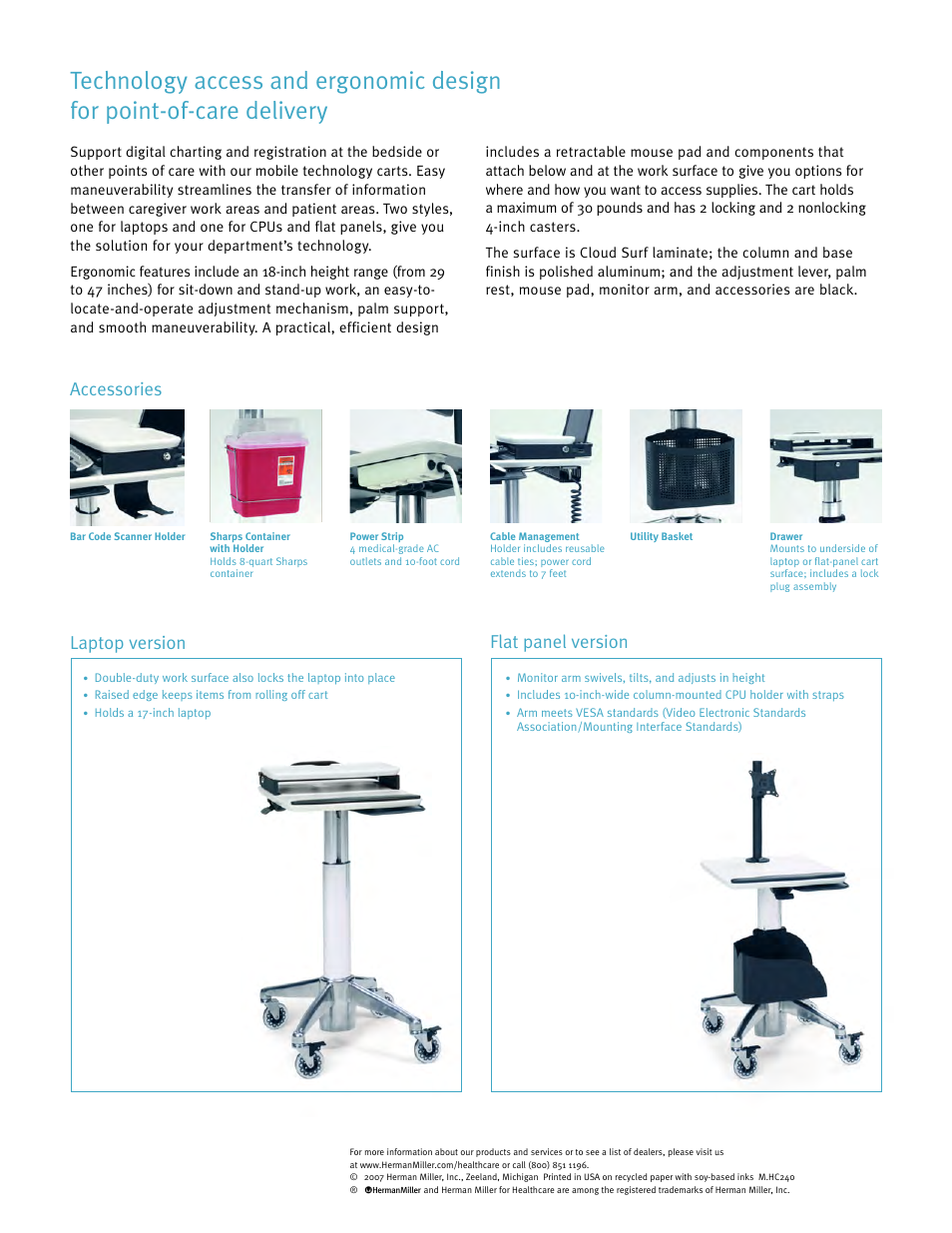 Accessories, Laptop version flat panel version | Herman Miller Mobile Technology Carts - Product sheet User Manual | Page 2 / 2