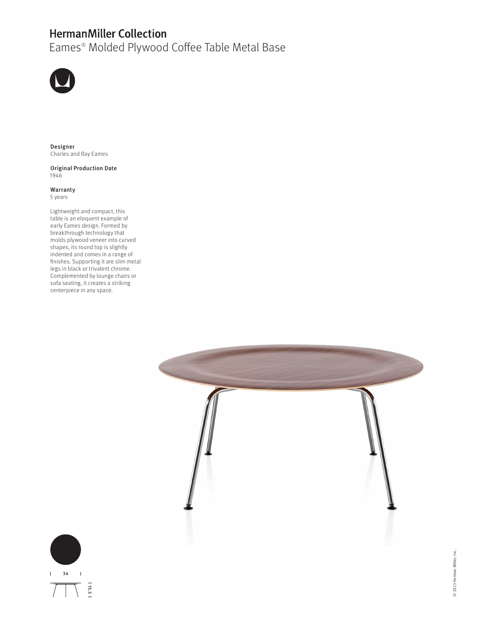 Herman Miller Eames Molded Plywood Coffee Table Metal Base - Product sheet User Manual | 1 page