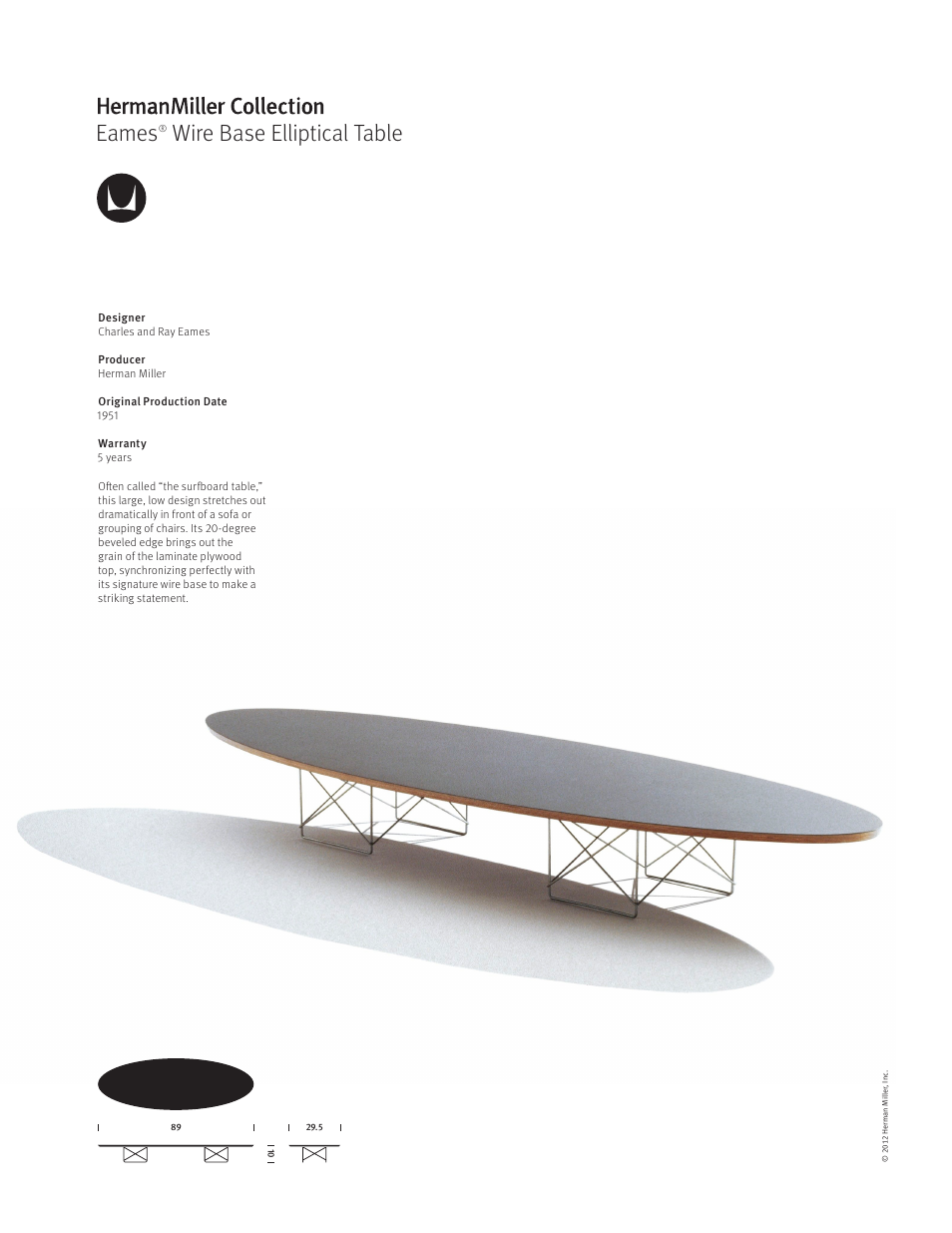 Herman Miller Eames Wire Base Elliptical Table - Product sheet User Manual | 1 page